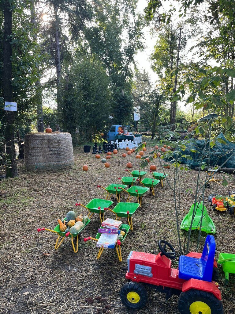 Area giochi del Campo di Zucche con carriole colorate, trattorino e balle di fieno tra gli alberi